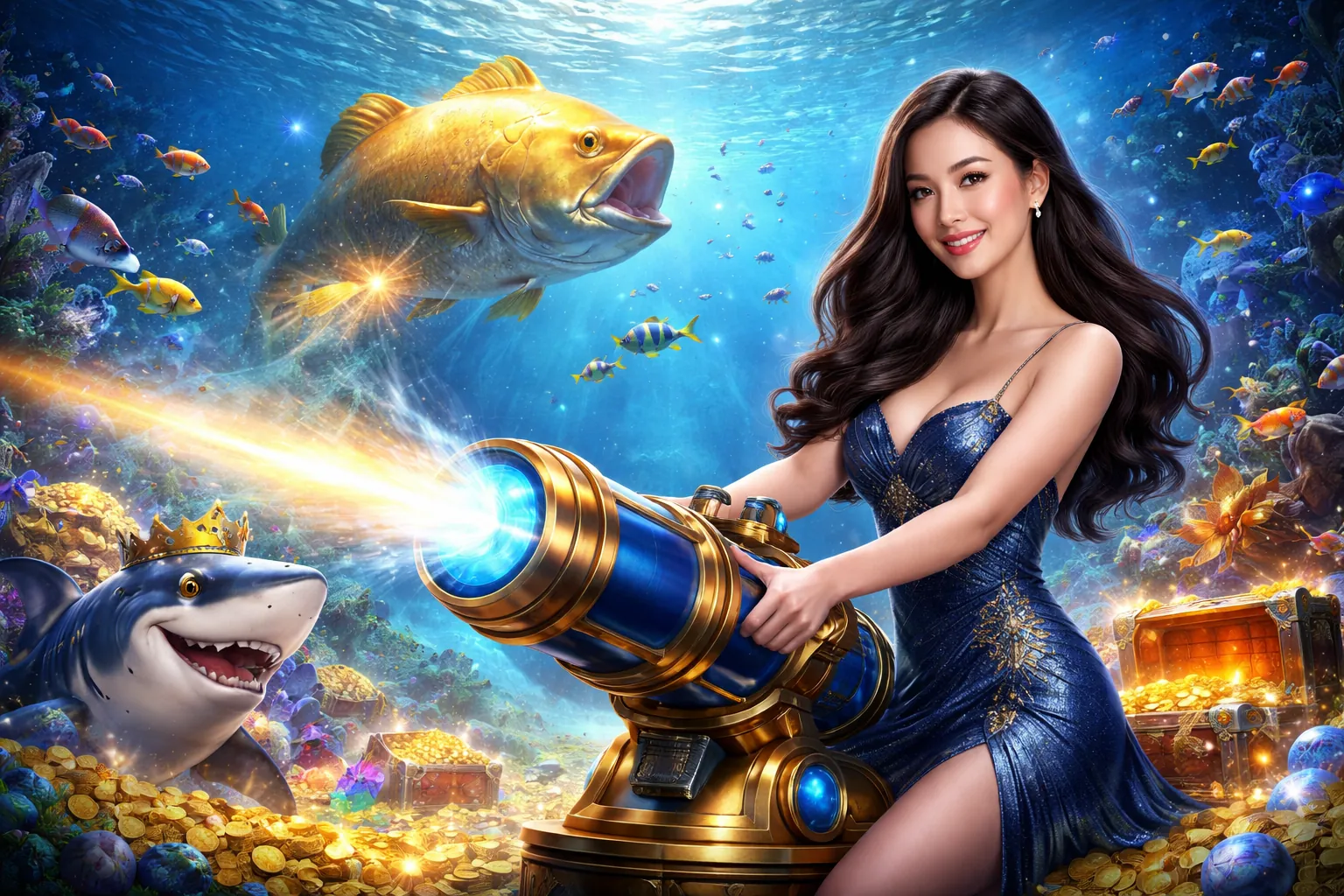 Cảnh bắn cá nhiều người chơi trực tuyến sôi động tại Vin55